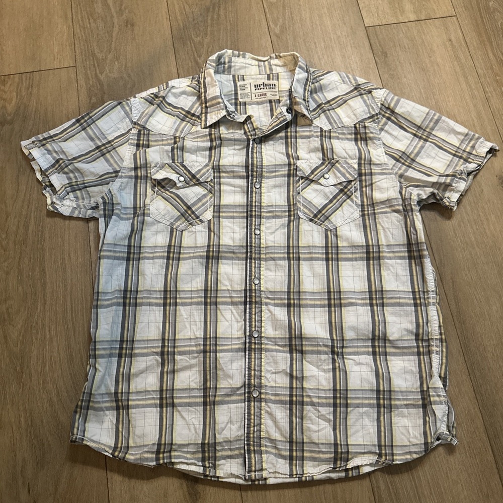 Urban‎ Pipeline Men's Short Sleeve Beige Plaid Pearl Snap Shirt X-Large